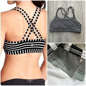 Athleta Black and White Striped Sports Bra with Criss-Cross Straps